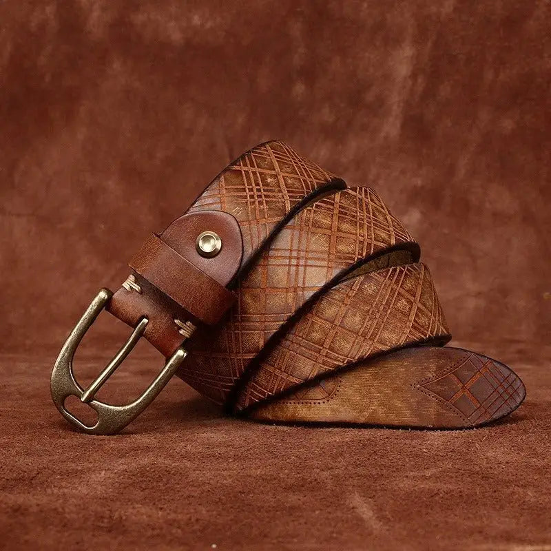 Brown leather belt with embossed pattern and brass buckle from Assorted Embossed Leather Belts collection