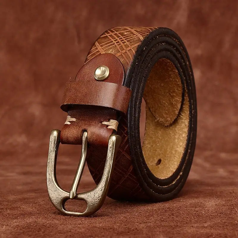Brown leather belt with metal buckle from Assorted Embossed Leather Belts with Brass Buckles