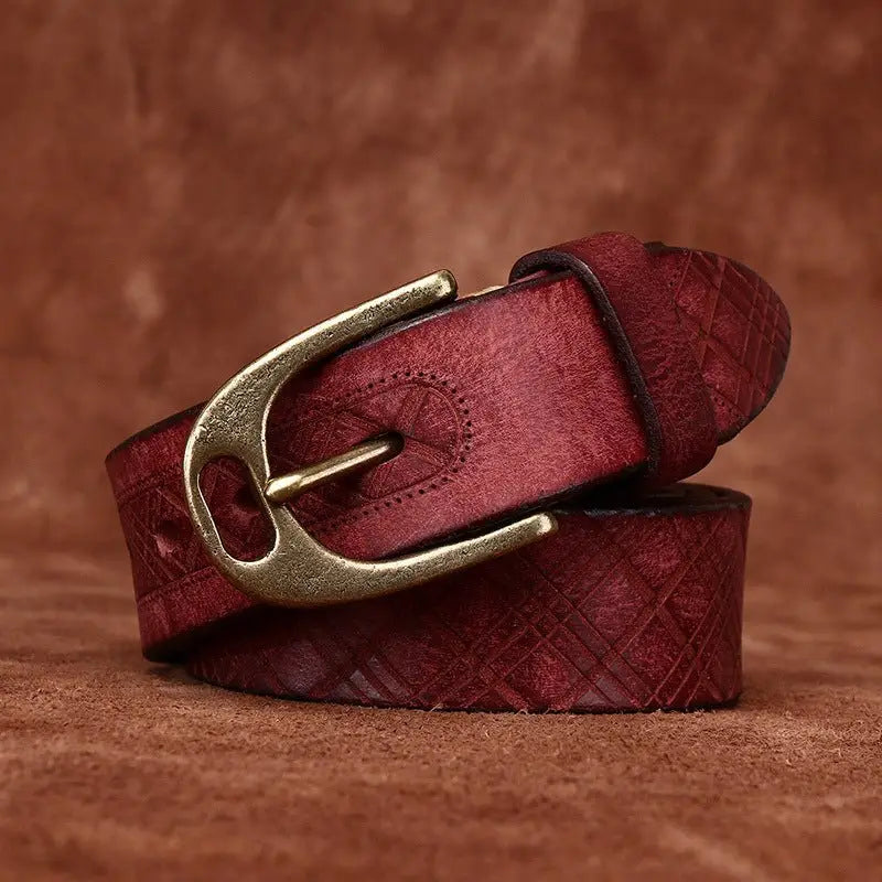 Maroon leather belt with brass buckle from Assorted Embossed Leather Belts collection