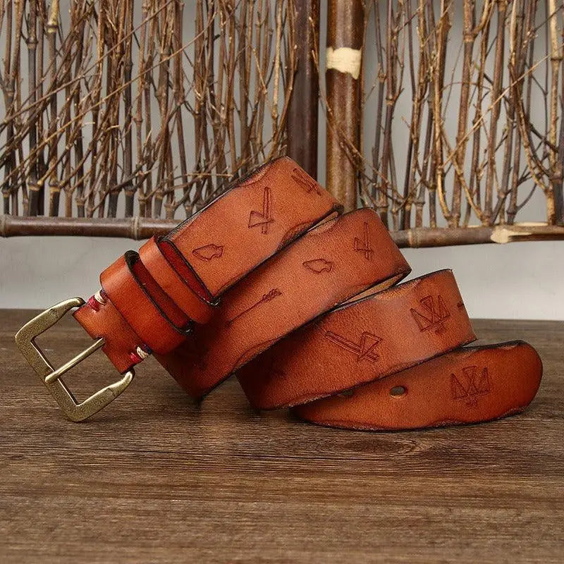 Aisha Leather Belt with Brass Buckle in brown leather featuring etched designs