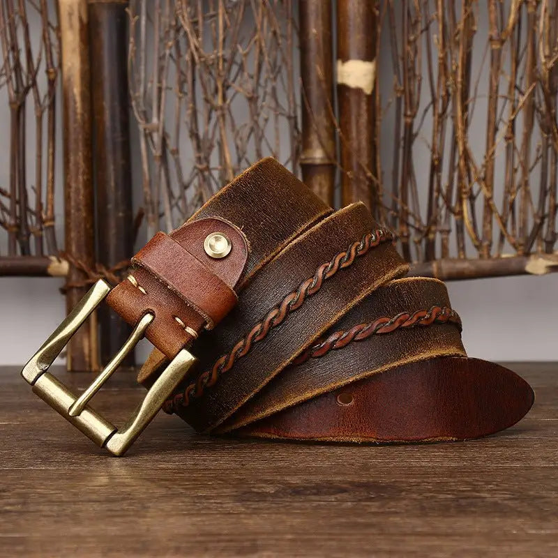 Brown leather belt with braided accents from Raj Men’s Leather Belts collection