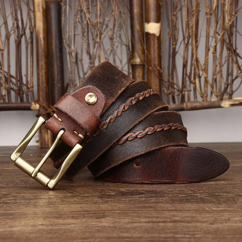 Raj Men’s leather belt with braided detail and brass buckle for men