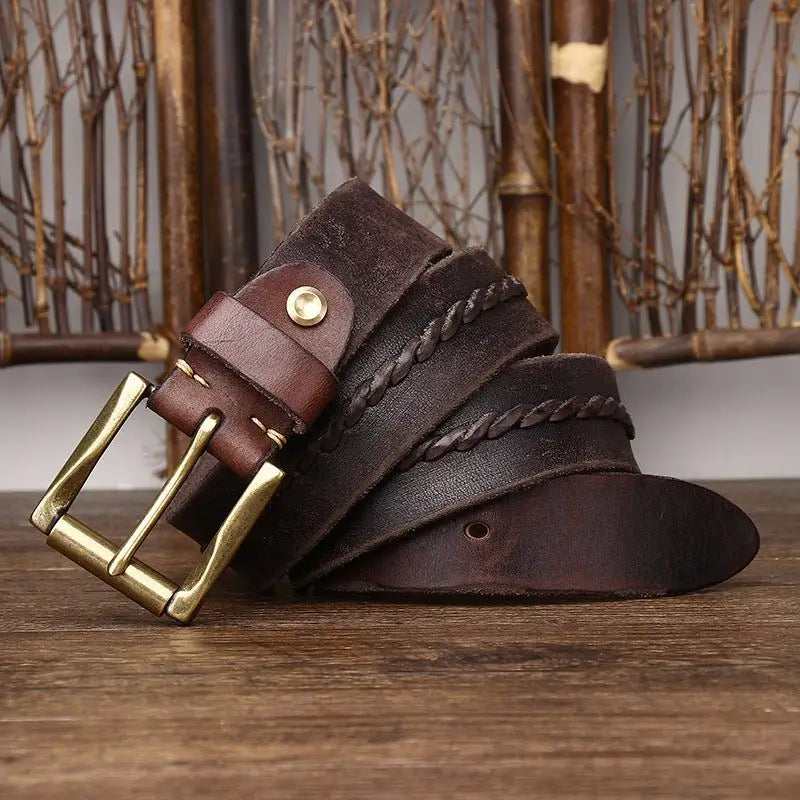 Raj Men’s leather belt with braided brown leather and brass buckle for men