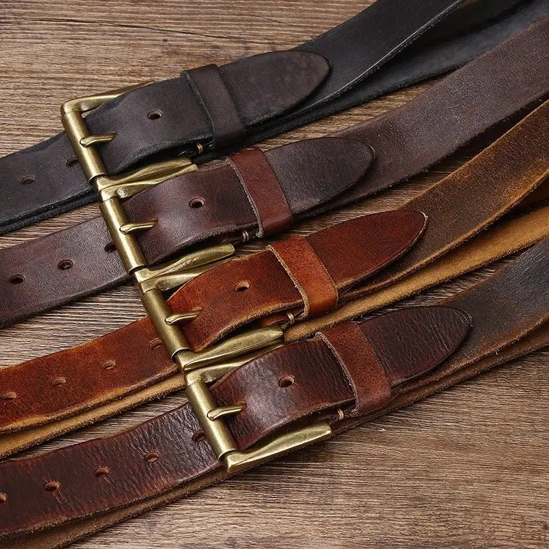 Raj Men’s leather belt featuring brass and gold buckles for men