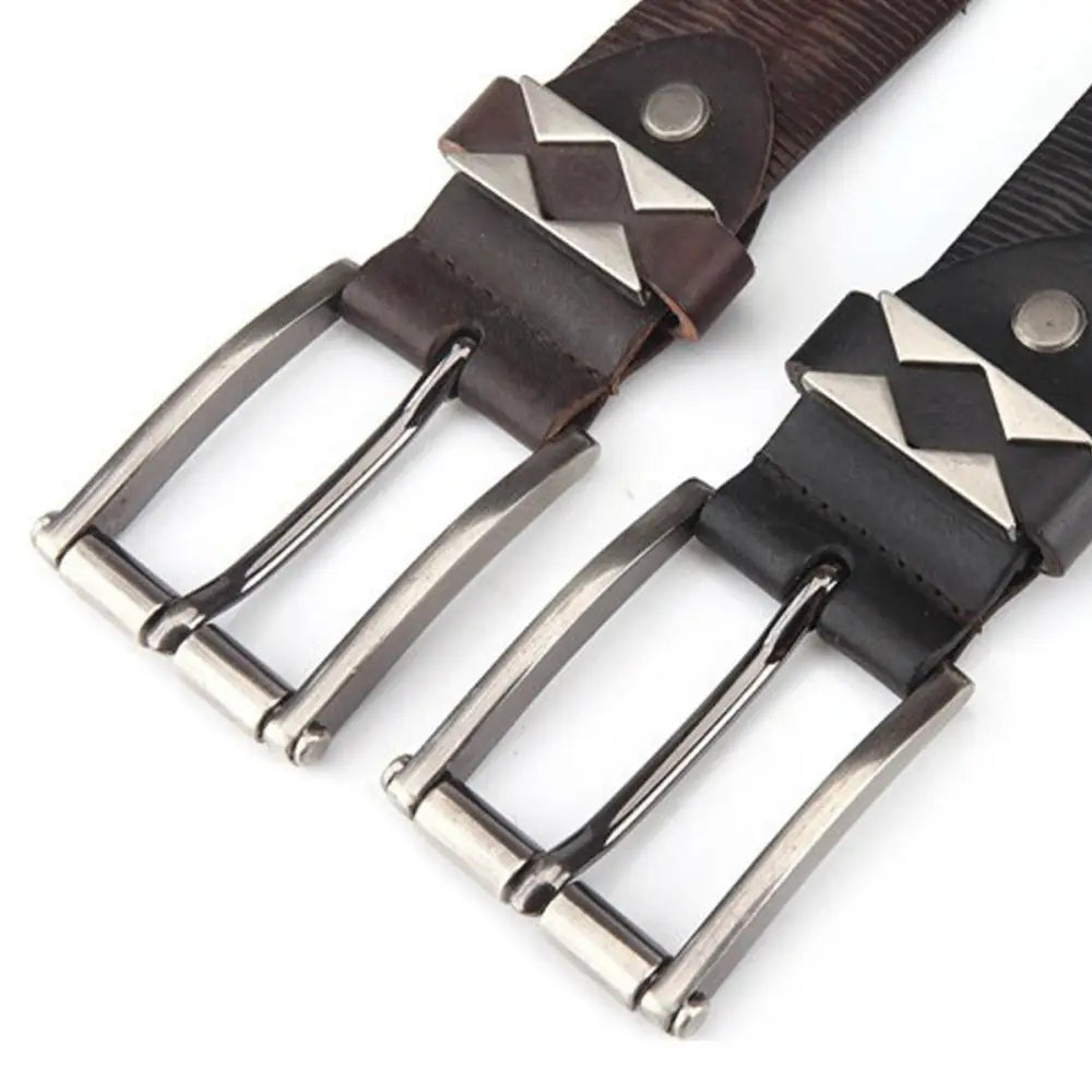 Image of textured brown leather belt with metal and silver buckle for men’s fashion