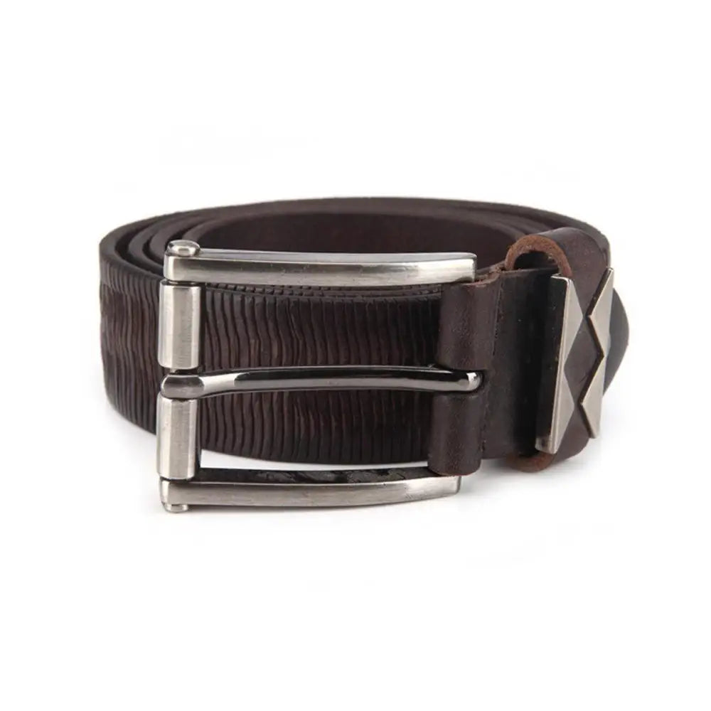 Brown leather belt with silver buckle from Textured Brown Leather Belt collection