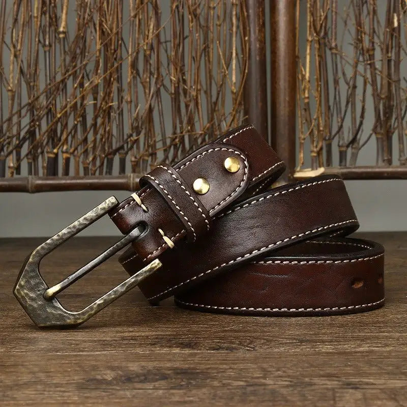 Brown leather belt with decorative metal buckle for fashionable accessories