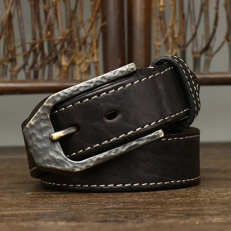 Black leather belt with a hammered metal buckle from Leather Belts with Decorative Metal Buckles