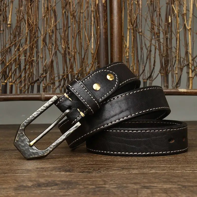 Black leather belt with silver decorative metal buckle from Leather Belts with Decorative Metal Buckles