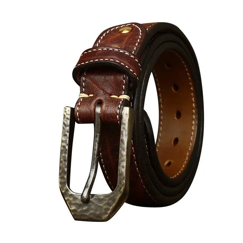 Brown leather belt with decorative metal buckle for stylish and durable wear