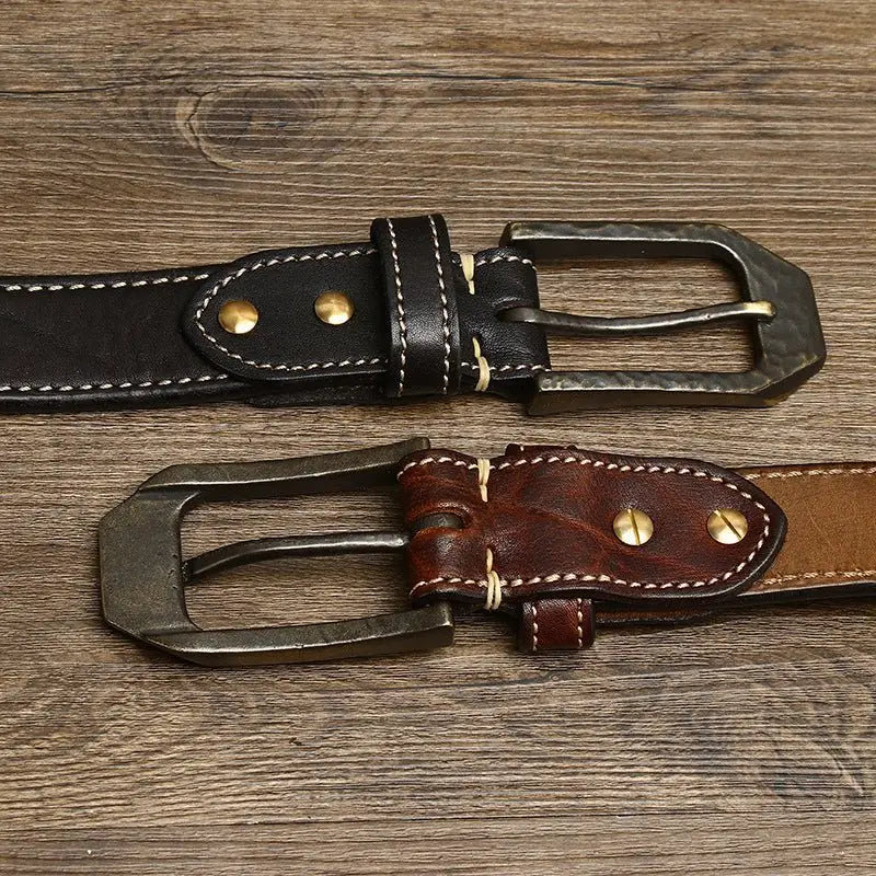 Two leather belts with decorative metal buckles displayed as seen in Leather Belts with Decorative Metal Buckles product