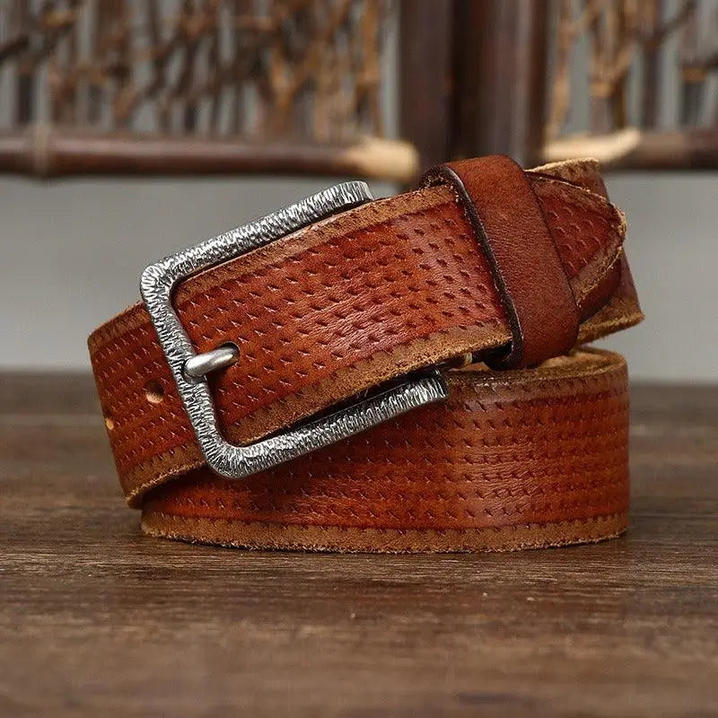 Brown leather belt with silver buckle for stylish and durable wear