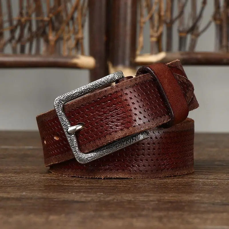 Brown leather belt with a silver buckle shown in the product Brown Leather Belt with Silver Buckle