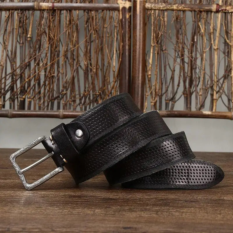 Black leather belt featuring a textured buckle, complemented by the Brown Leather Belt with Silver Buckle product name