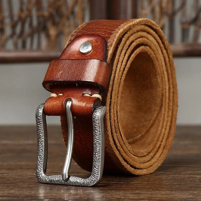 Brown leather belt with silver buckle displayed on a product page for Brown Leather Belt with Silver Buckle