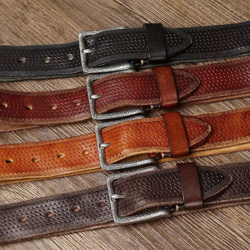 Brown leather belt with a silver metal buckle displayed as a stylish accessory
