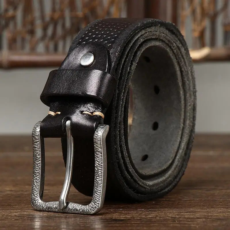 Rolled black leather belt with silver buckle displayed for the Brown Leather Belt with Silver Buckle product