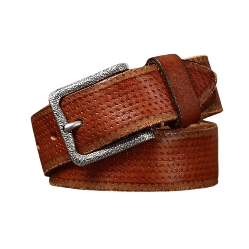 Brown leather belt with silver buckle for men or women, stylish accessory