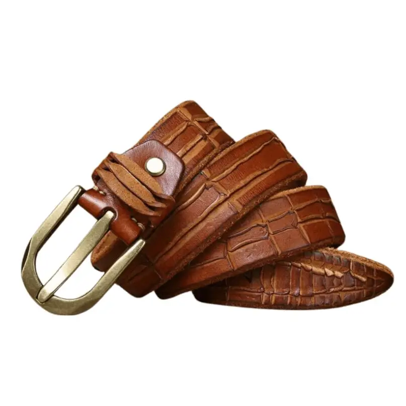 Brown leather belt with crocodile pattern and brass buckle showcasing quality craftsmanship