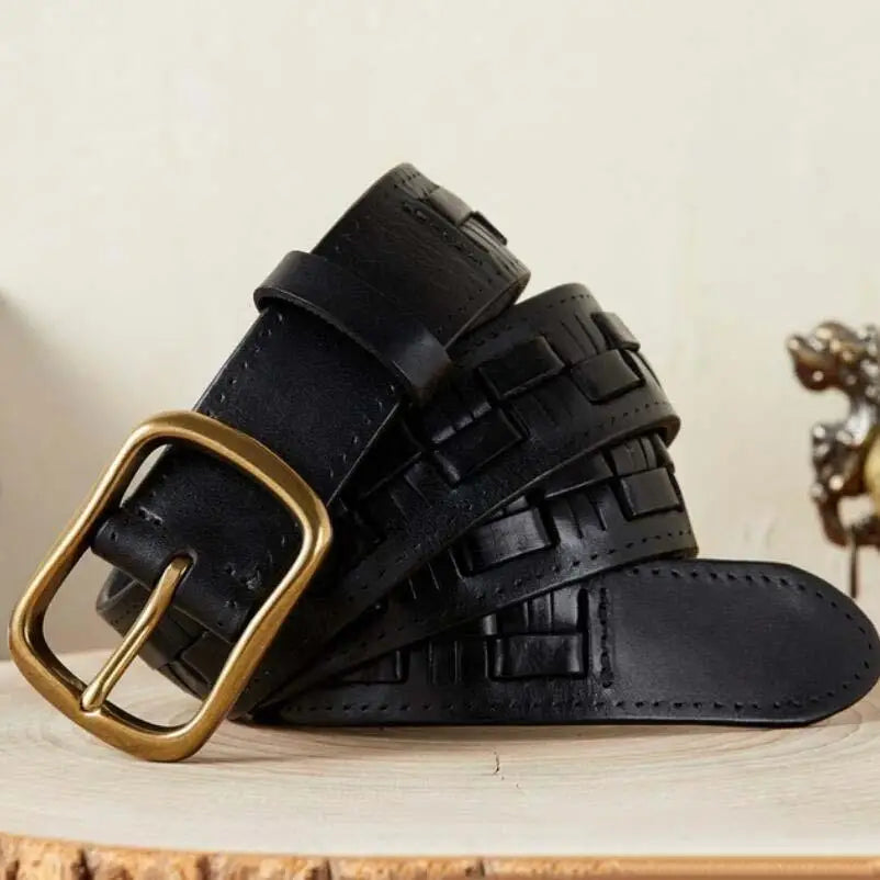 Black woven leather belt with a gold buckle from Assorted Leather Belts and Two-Tone Denim Jeans