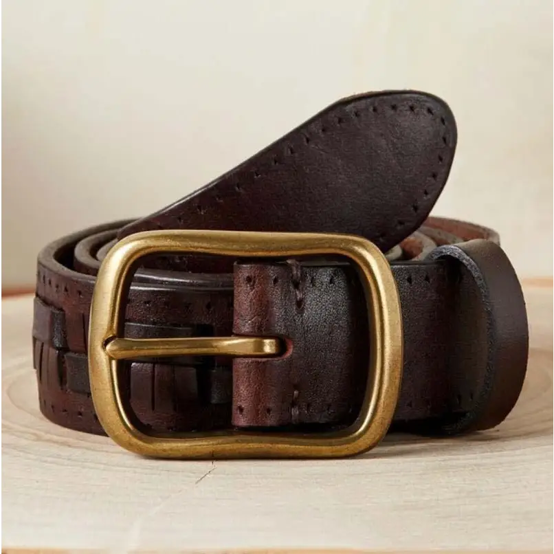 Brown leather belt with brass buckle from Assorted Leather Belts and Two-Tone Denim Jeans