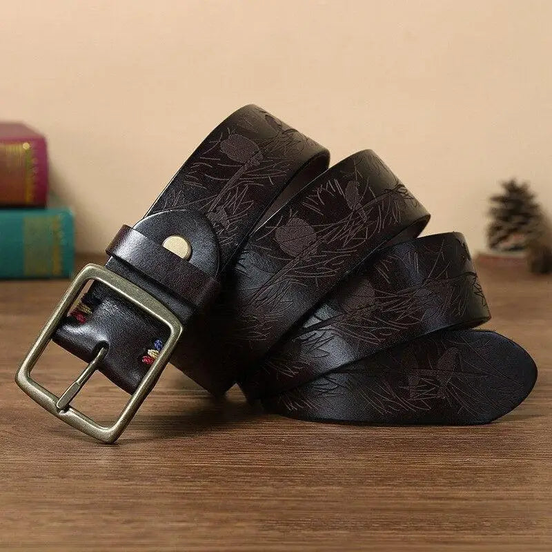 Embossed leather belt with metal brass buckle from Set of Four Leather Belts collection