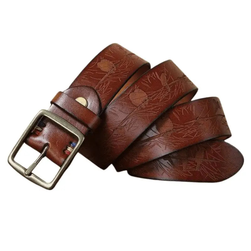 Set of Four Brown Leather Belts with Floral Pattern and Brass Buckles