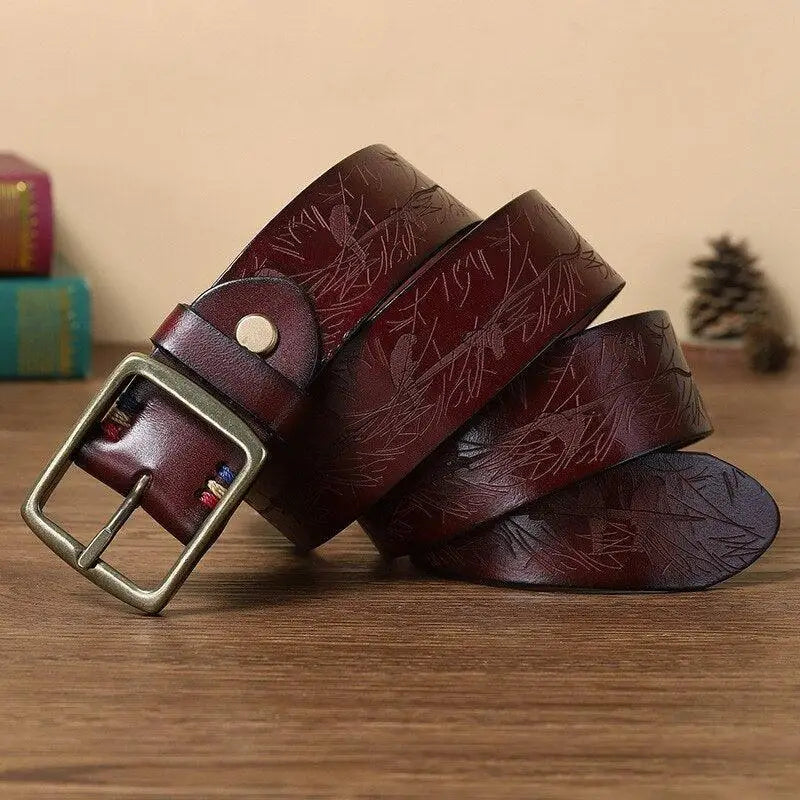 Maroon leather belt with etched design from Set of Four Leather Belts with Brass Buckles