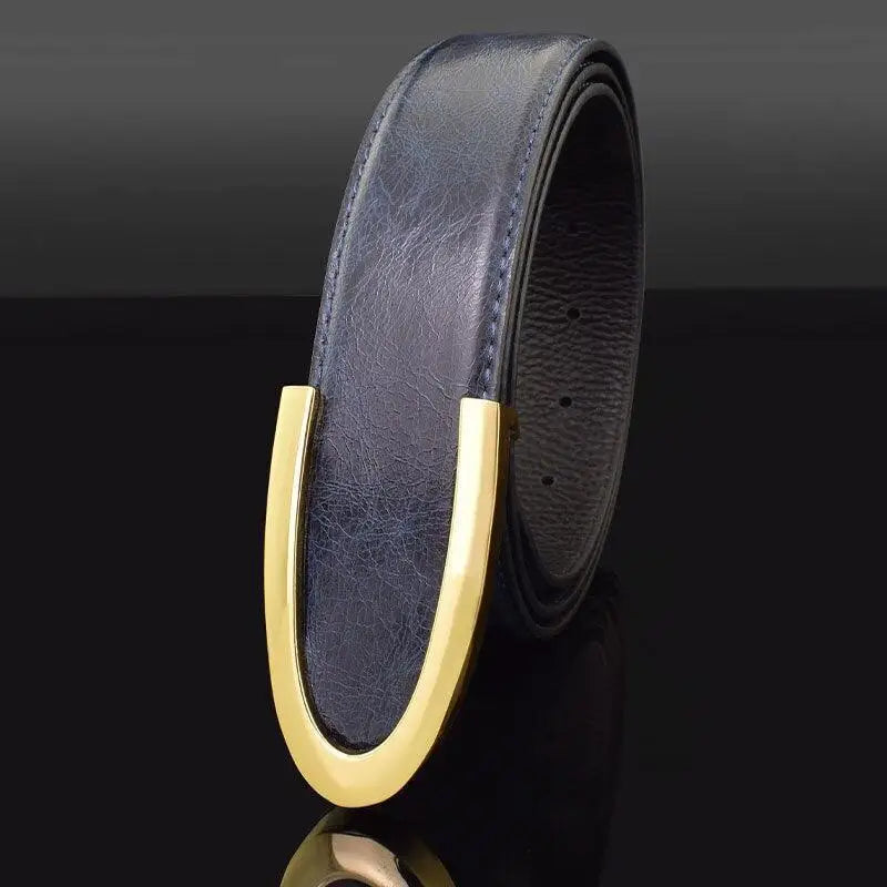 Blue leather belt with gold buckle from Men’s Leather Belts in Gray Blue collection