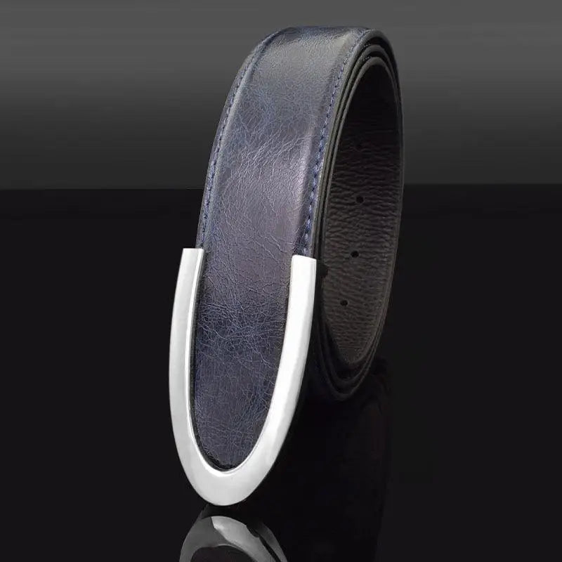 Blue leather belt with silver buckle from Men’s Leather Belts in Gray Blue collection