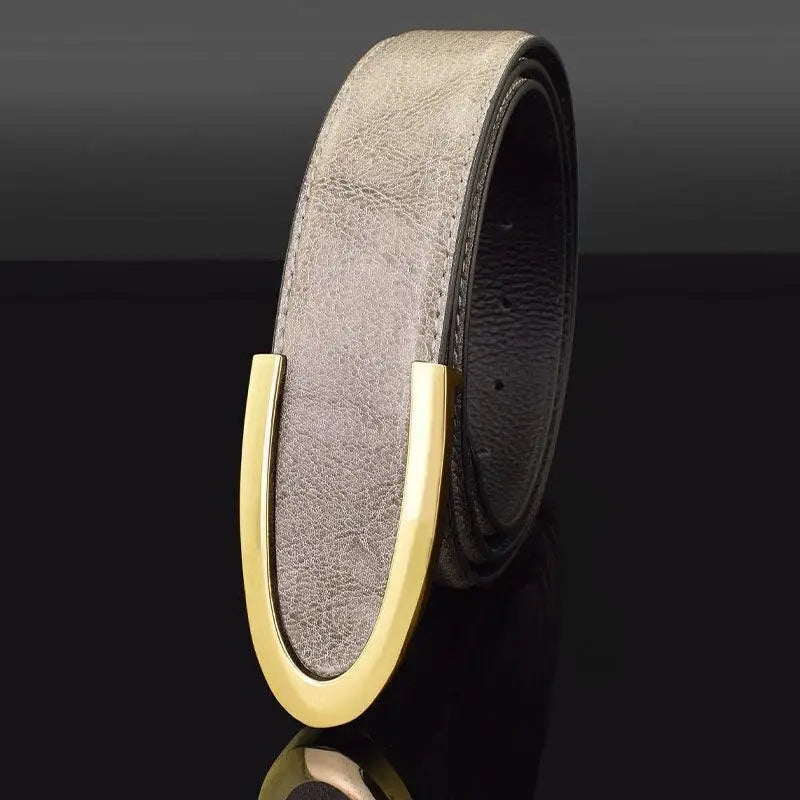 Gray leather belt with gold buckle from Men’s Leather Belts in Gray Blue collection