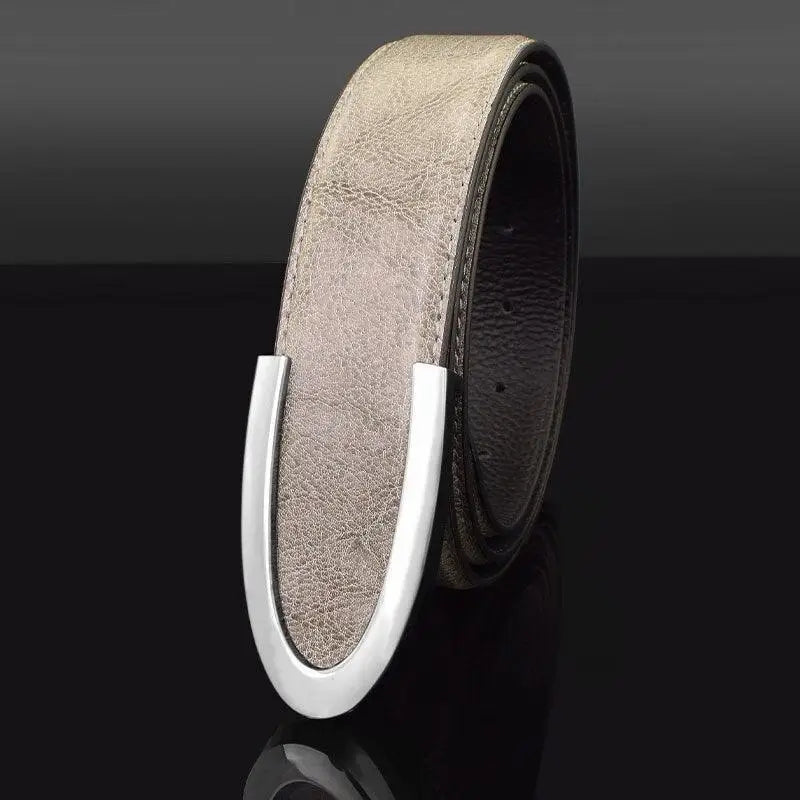 Gray leather belt with silver buckle from Men’s Leather Belts in Gray Blue collection