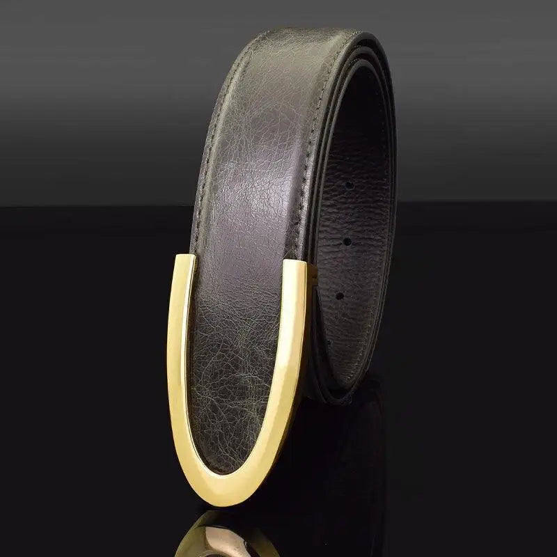 Black leather belt with gold U-shaped buckle from Men’s Leather Belts in Gray Blue collection