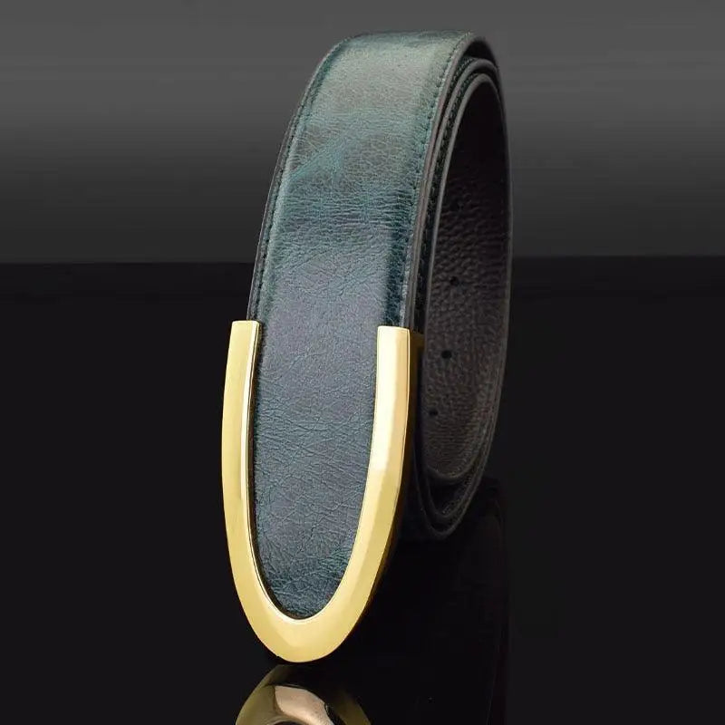 Green leather belt with gold buckle from Men’s Leather Belts in Gray Blue collection