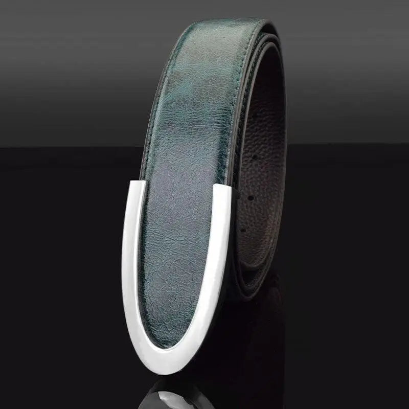 Green leather belt with silver buckle from Men’s Leather Belts in Gray Blue collection