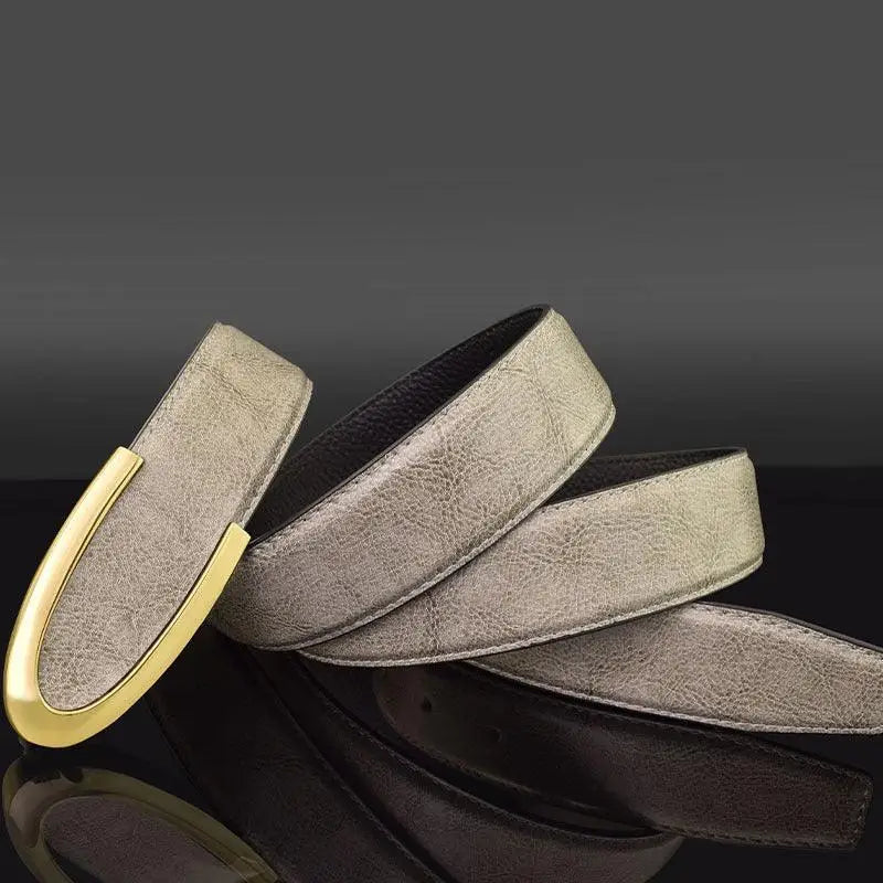 Gray leather belt with gold buckle from Men’s Leather Belts in Gray Blue collection