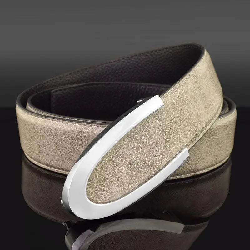 Beige leather belt with silver buckle from Men’s Leather Belts in Gray Blue collection