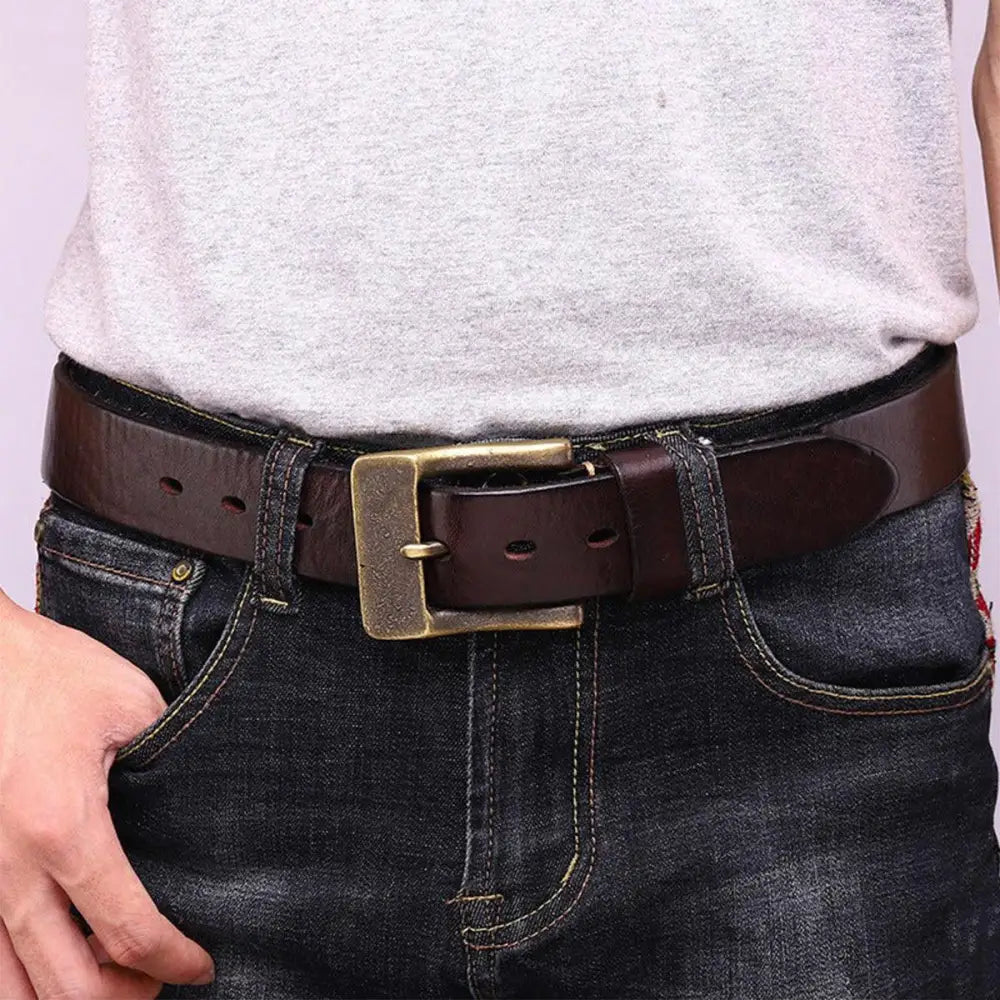 Brown leather belt with brass buckle from Ramthia Men’s Leather Belts collection
