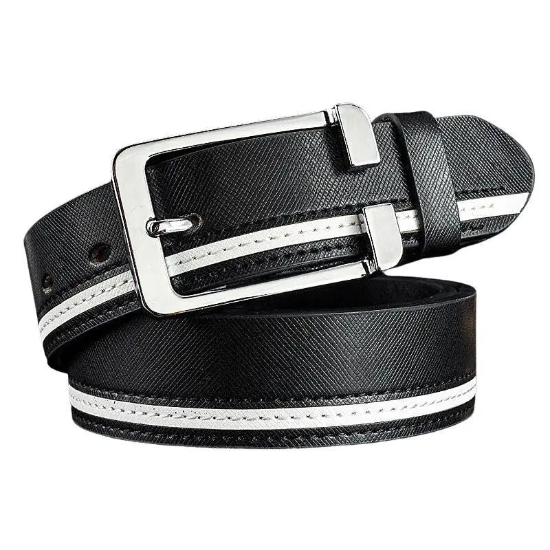 Black leather belt with white stripes and silver buckle, a versatile accessory for style