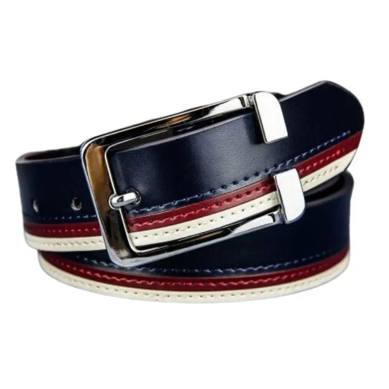 Navy blue leather belt with red and white stripes, versatile accessory with silver buckle