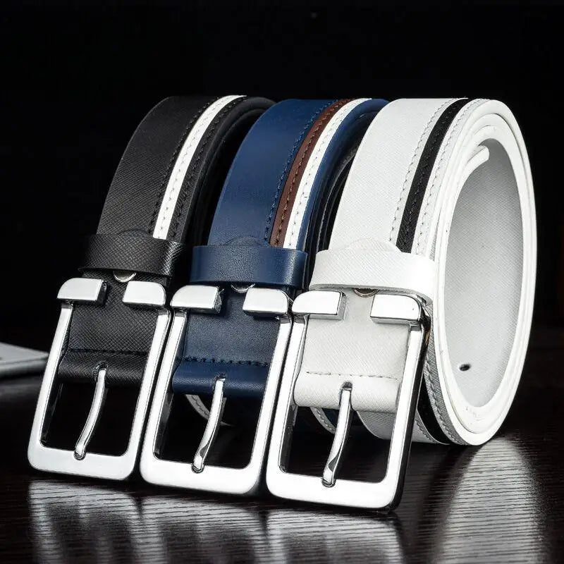Versatile accessory leather belts with silver buckles displayed in various styles