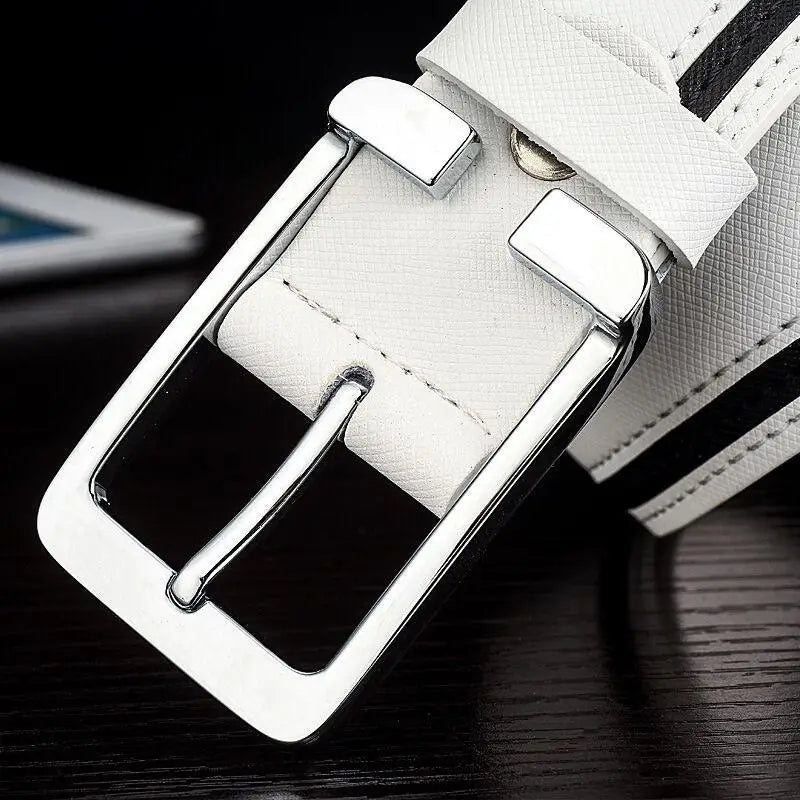 White leather belt with silver buckle, versatile accessory for stylish outfits