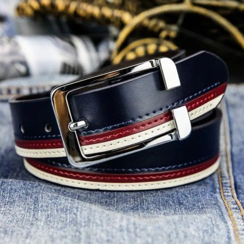 Navy leather belt with red and white stripes, a versatile accessory with silver buckle
