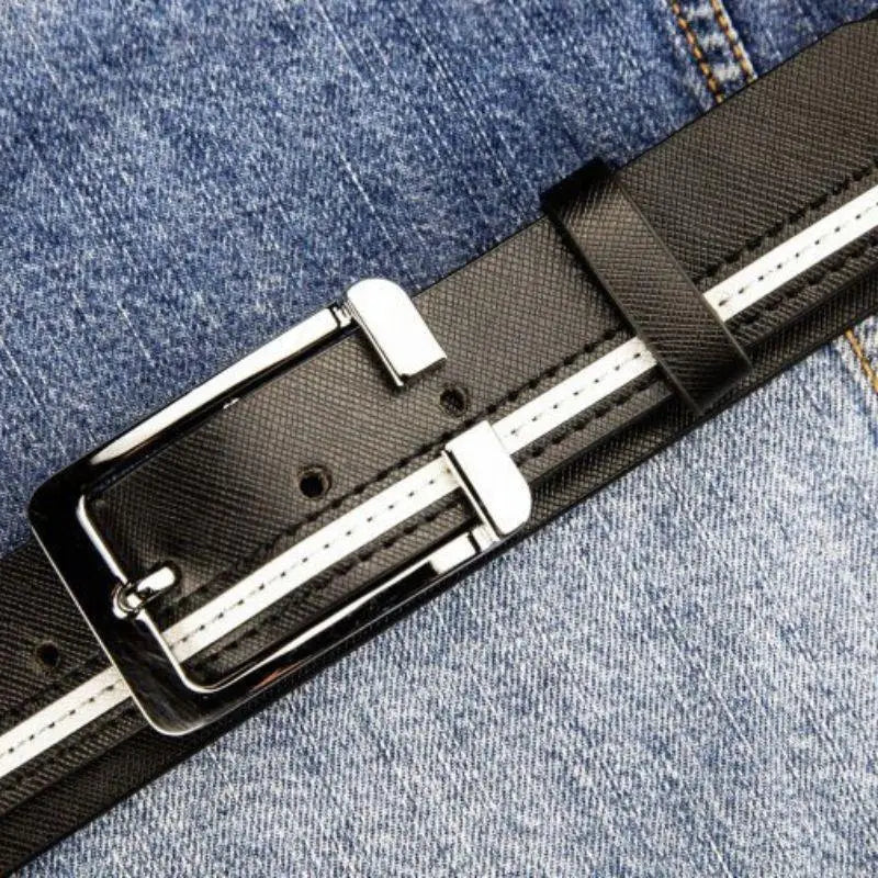 Black belt with white stripe and silver buckle showcasing versatile accessory leather style