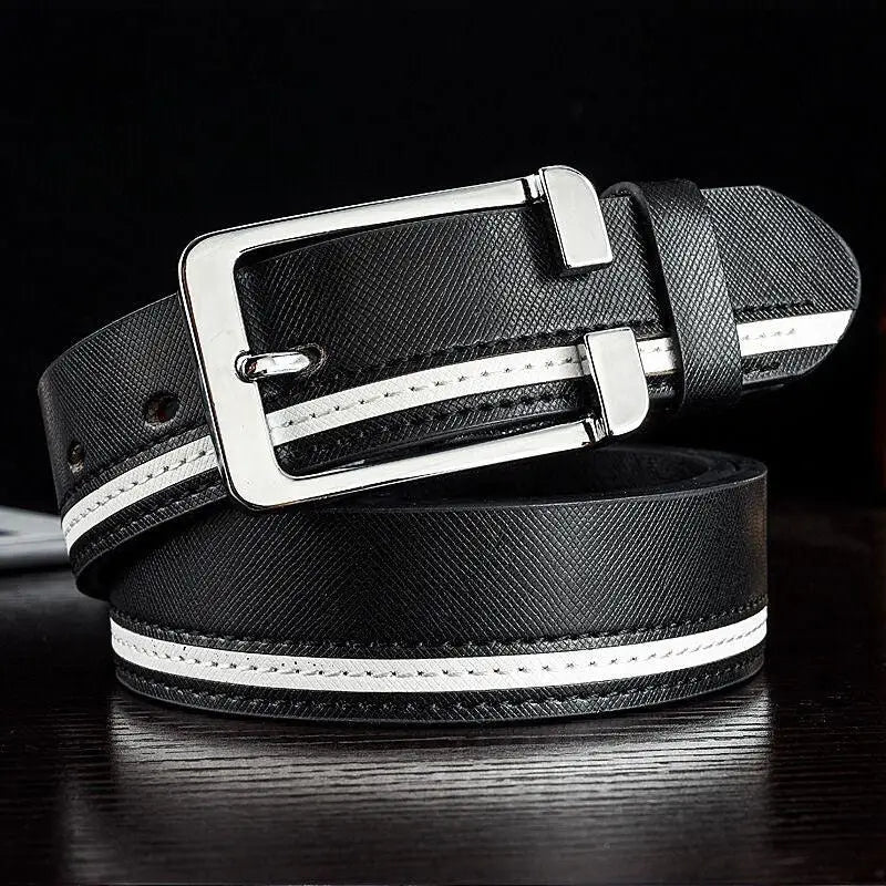 Black leather belt with white stripes and silver buckle, a versatile accessory for any style