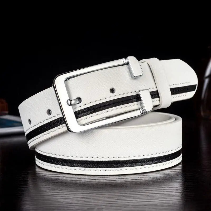 White leather belt with black stripe showcasing a versatile accessory with silver buckle