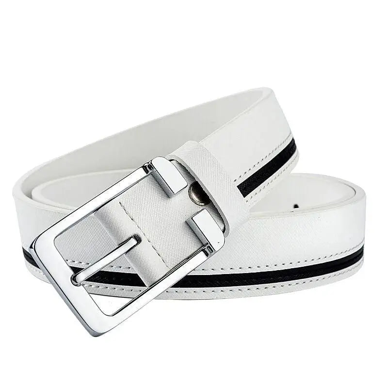 Elegant white belt with silver buckle and black stripes showcasing versatile accessory style
