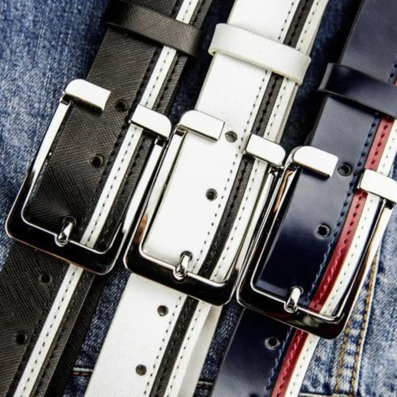 Versatile accessory leather belts with silver buckles showcasing three striped styles