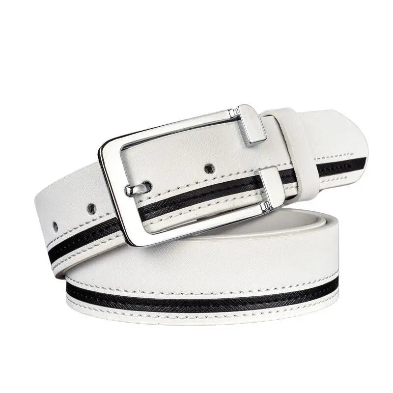 White leather belt with black stripes, versatile accessory with silver buckle style