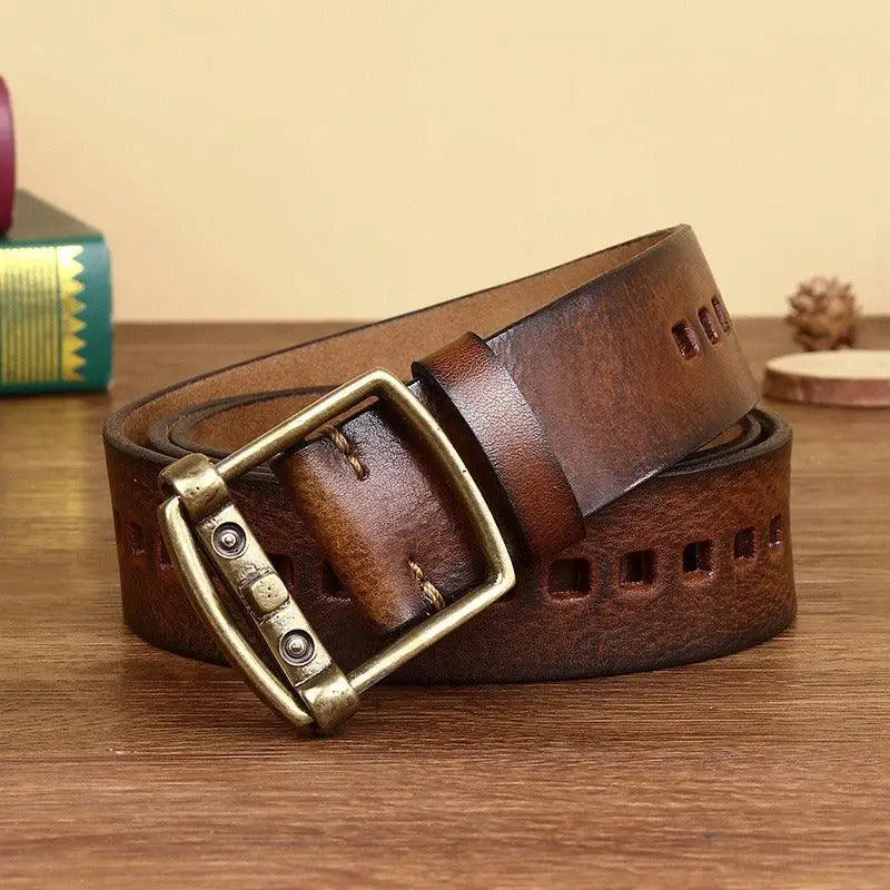 Brown Sanjay Leather Belt with Square Brass Buckle for men and women